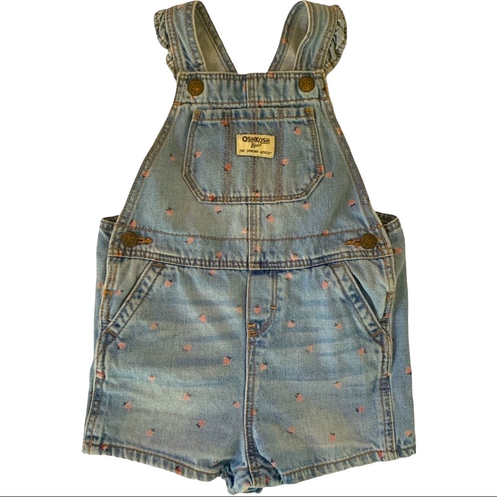 OshKosh B’Gosh Rare Pink Strawberry Ruffle Shortalls Overalls Vestbak 24 Months